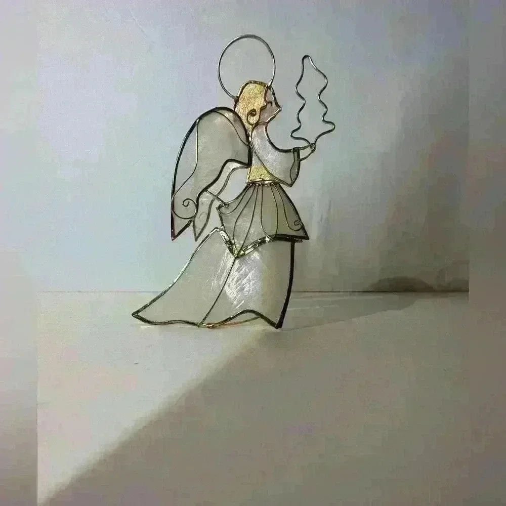 Vintage Capiz Shell Gold Metal Angel With Tree Christmas Ornament 5” - Picture 2 of 7